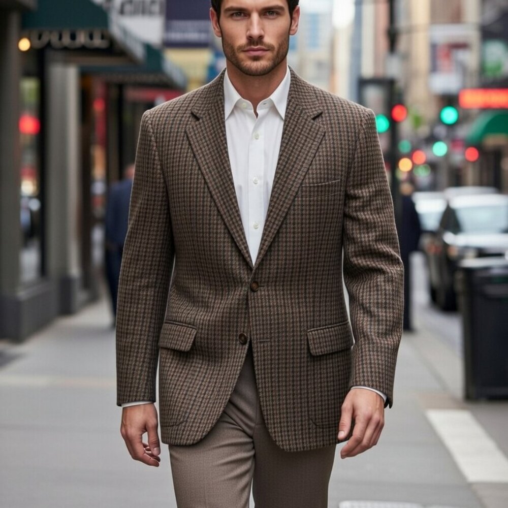 Vintage J.P. Tilford Men's Brown Houndstooth Wool Blazer - Premium Tier